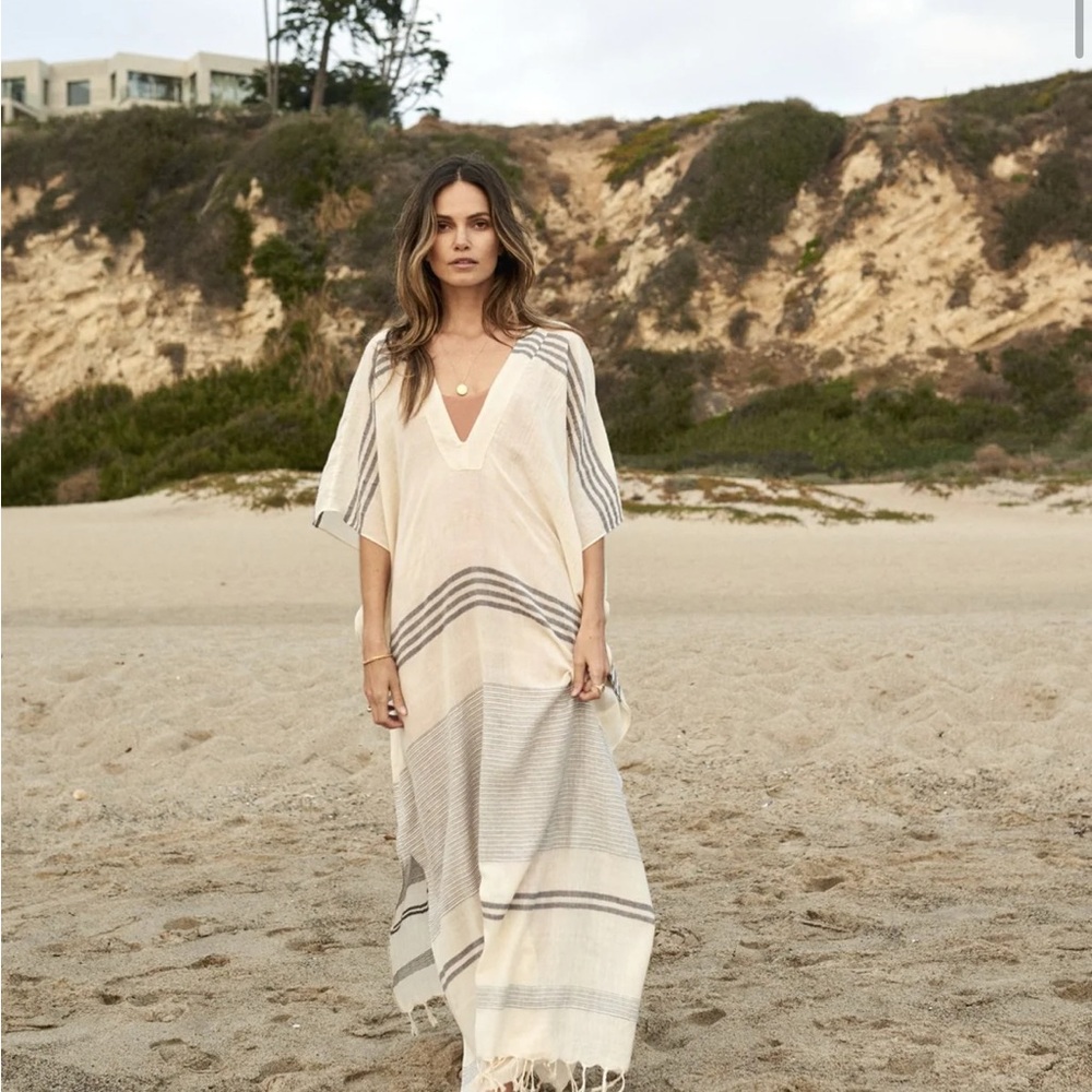 Pondicherie Kyra Caftan white and black stripes‎ fringe bottom beach resortwear